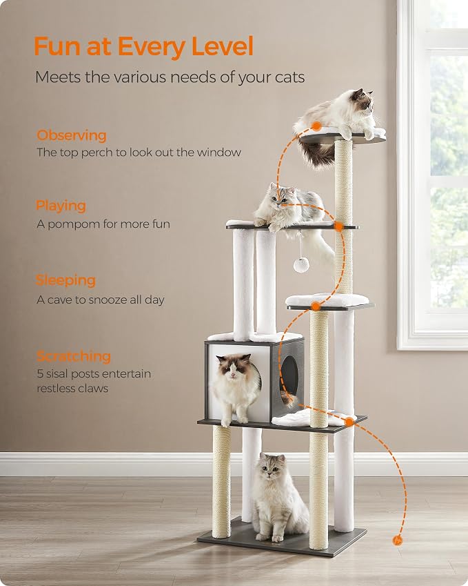 Feandrea Cat Tree, 65-Inch Multi-Level Tower with 5 Scratching Posts | Modern Cat Condo for Indoor Cats, Perch, Washable Removable Cushions, Misty Gray, CAEN Collection UPCT166G03