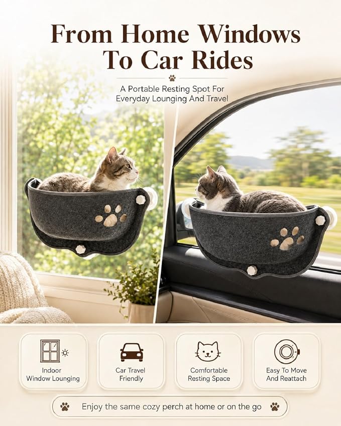 Cat Window Hammock, Suction Cup Bed for Home and Car Travel with Soft Pad | Floating Window Seat for Cats, Portable Hanging Rest Mat Sunbathing, Indoor Lounge and Vehicle Use