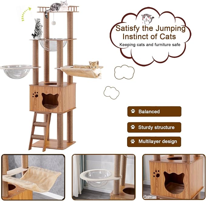 61'' Wooden cat Tree with cat Condo, Cat Stairs Scratching Posts, 2 Bowl,Sisal Scratching Posts,Cozy Cat Hammock and Top Perch. Cat Tree for Large Cats.
