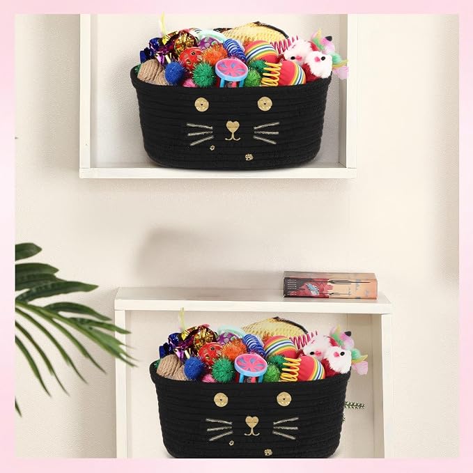 Zopeal 58 Pcs Summer Cat Storage Basket Gift Toys Set, Colorful Flashing Balls Pet Bell Crinkle Balls Spring Toys Attract Cat to Swat, Hunt, Interactive for Pet(Black,9.8 Inch)