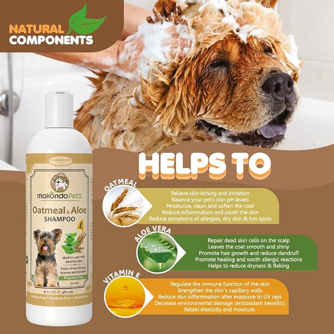 Oatmeal Shampoo for Dogs with Aloe Vera. Mild for Sensitive Skin. 16 Oz | Hypoallergenic ideal for Allergies and Itching. Fragrance Free Puppy Shampoo. All Breeds and Ages.