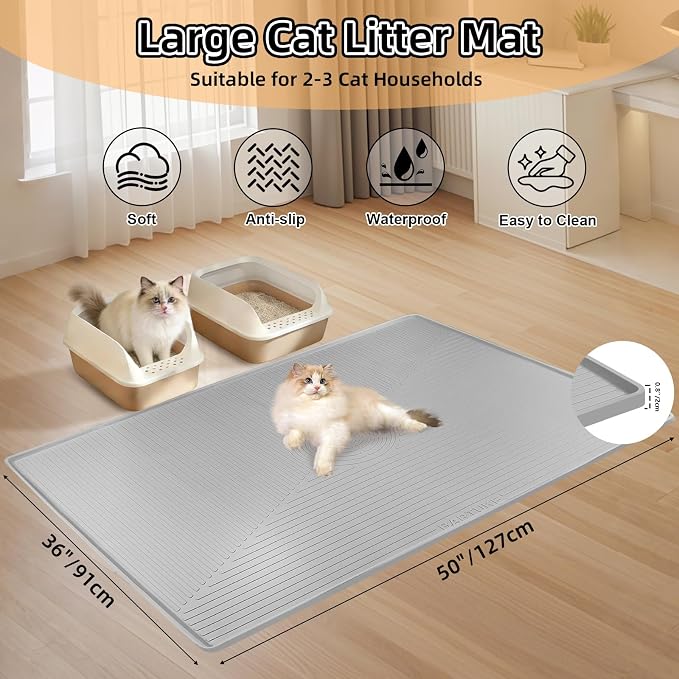 Silicone Cat Litter Mat 50" x 36" Cat Mat for Litter Box, Light Grey | Extra Large Cat Litter Trapping Mat for Floor, Waterproof, Non-Slip Kitty Litter Box Mat with Raised Edge, Easy to Clean