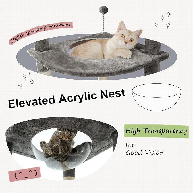 PEQULTI Floor to Ceiling Cat Tree, 92.9-101.6in Adjustable Cat Tower, Gray | Adjustable tower braces floor to ceiling; cozy condo, large hammock, perches & 9 sisal posts on fan base with anti-tip strap