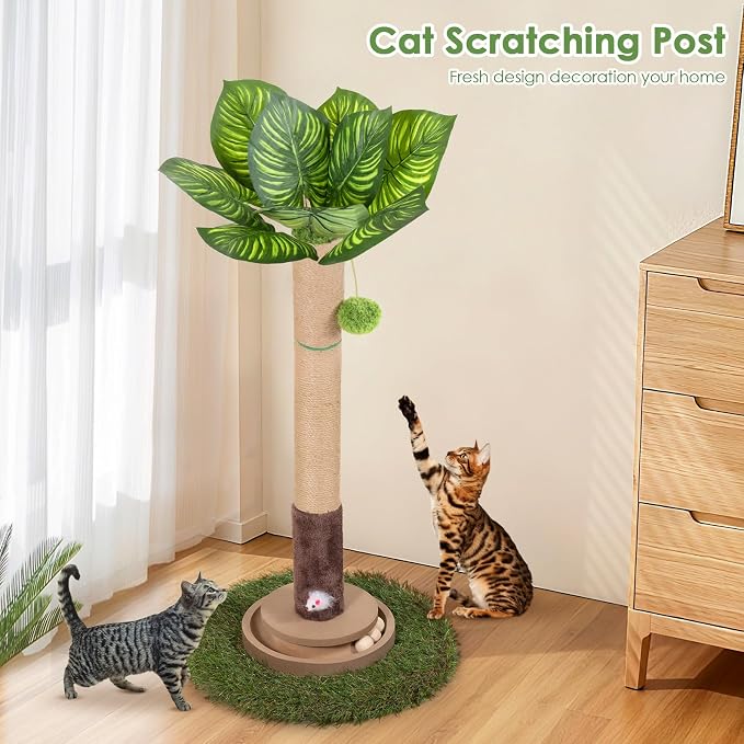 Cat Scratching Post, 35 Inch Tall Cat Scratcher Cat Tree Tower with Hanging Ball for Indoor Cats Adults,Sisal Rope Kitten Scratch with Interactive Mouse Cat Toy (41in, Watermelon Leaves)