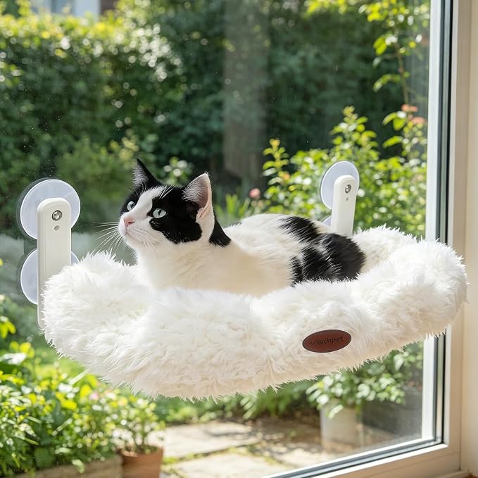 Cordless Cat Window Perch, Large Size Hammock with 4 Strong Suction Cups, Cat Hammock for Window with Two Fabrics Cover, Foldable Bed for Cats