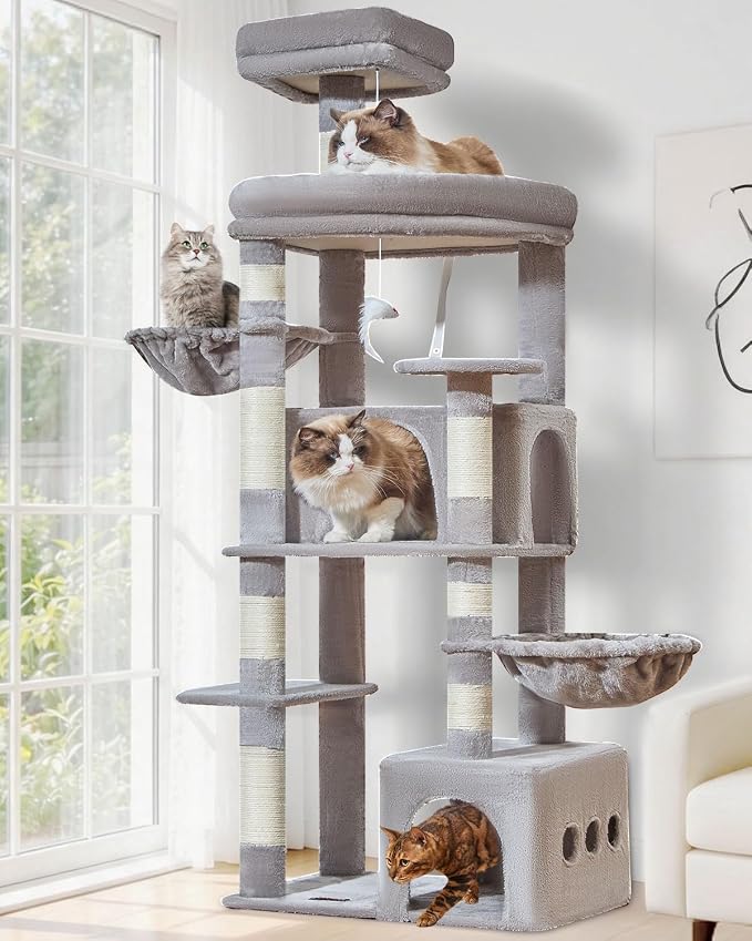Taoqimiao 71in Cat Tree, Heavy Duty Large Cat Tower for Indoor Cats MS050W | Extra Wide Sturdy Base, Tall Multi-level, 7 Sisal Scratching Posts, 2 Houses, 2-Post Supported Baskets, 2 Perches, Light Gray