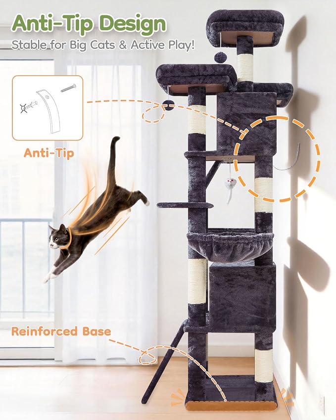 Taoqimiao Cat Tree for Large Cats, 76.8 Inches XL Cat Tower for Indoor Cats | 2 Scratch Boards, 3 Top Perches, 9 Scratching Posts, Multi-Level Cat Tree with 2 Condos, 2 Cozy Basket, Smoky Gray, T20G