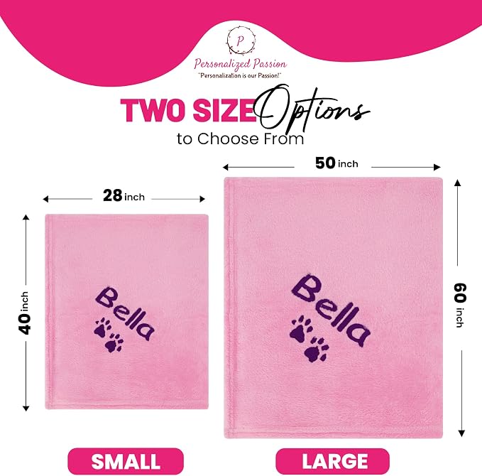 Personalized Passion Dog Blanket with Embroidered Name and Paws - Soft, Comfortable and Cozy for Couch, Bed, Car - Water Resistant Pet Fleece Blanket for Dogs and Cats - Pink - 28x40 Inches