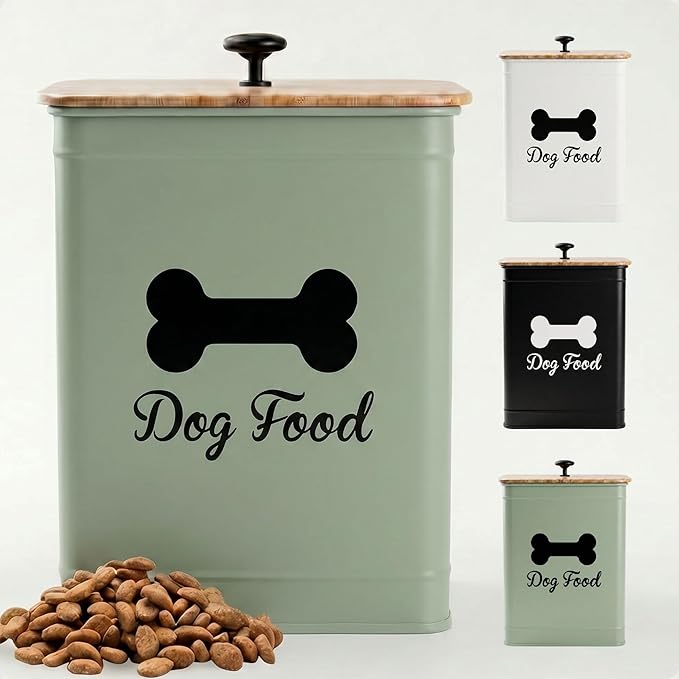 Dog Food Container Airtight Bamboo Lid 5-7 lb, 25 Cups, Sturdy Metal Handle | Pet Jar For Dogs up to 50lbs, Airtight Bamboo Lid, Sturdy Comfortable Metal Handle, Powder Coated Iron, Kibble Storage Bin