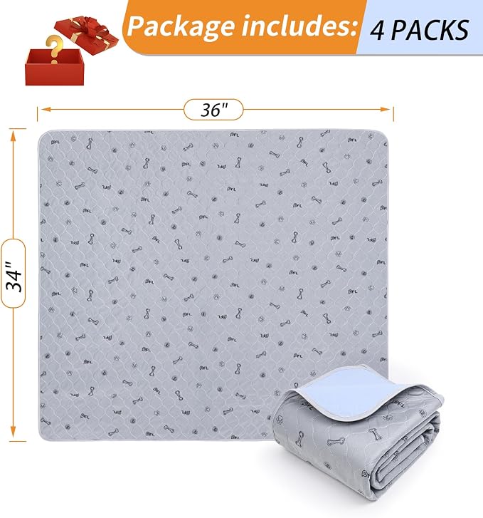 Washable Pee Pads for Dogs, 4 Pack Absorbent Puppy Training Pads 34x36 | Reusable, Non-Slip, Waterproof, Bone Print, Whelping Pads for Pet Training, Playpen, Crate, Potty Training, Housebreaking