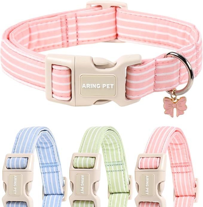 ARING PET Stripe Dog Collar, Cute Spring Summer Pink Stripe Pet Collars with Bow Charm for Puppy Small Medium Large Female Girl Dogs-M, for Daily Outdoor Walking Training