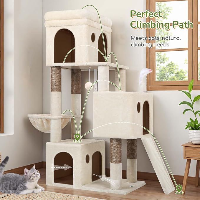 Globlazer Heavy Duty Cat Tree for Indoor Cats Large Adult, F52B, Beige | 3 Condos, Extra-Large Baseboard, Removable Top Perch, 4 Sisal Posts & Board, Hanging Basket, Anti-Topple Strap, Easy Setup