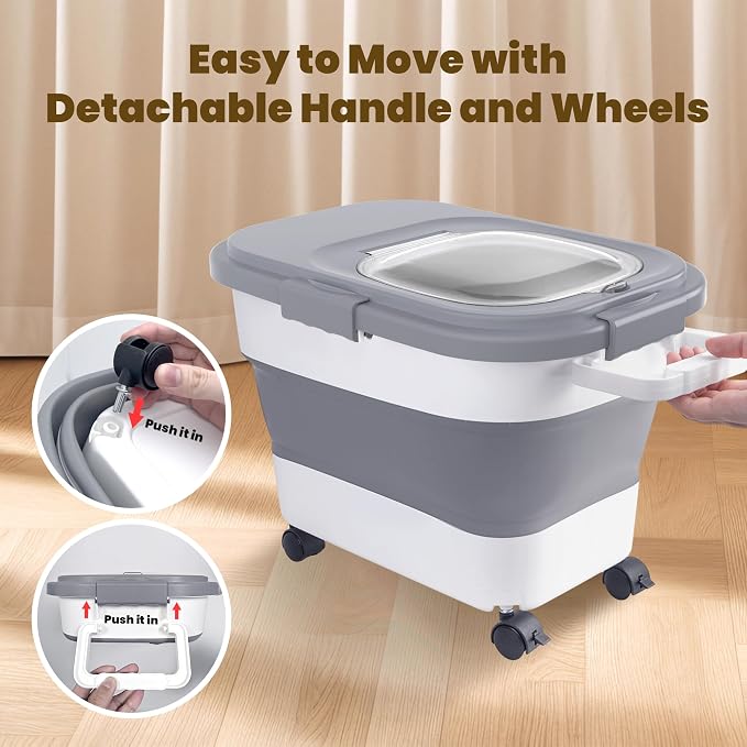 HOYTAMDAR 20-30Lbs Collapsible Rice Container,Food Storage container | Rice Storage Container with Airtight Lid,Rolling Wheels,Small Bin & Measuring Scoop,Rice Dispenser for Pet Food Rice Flour