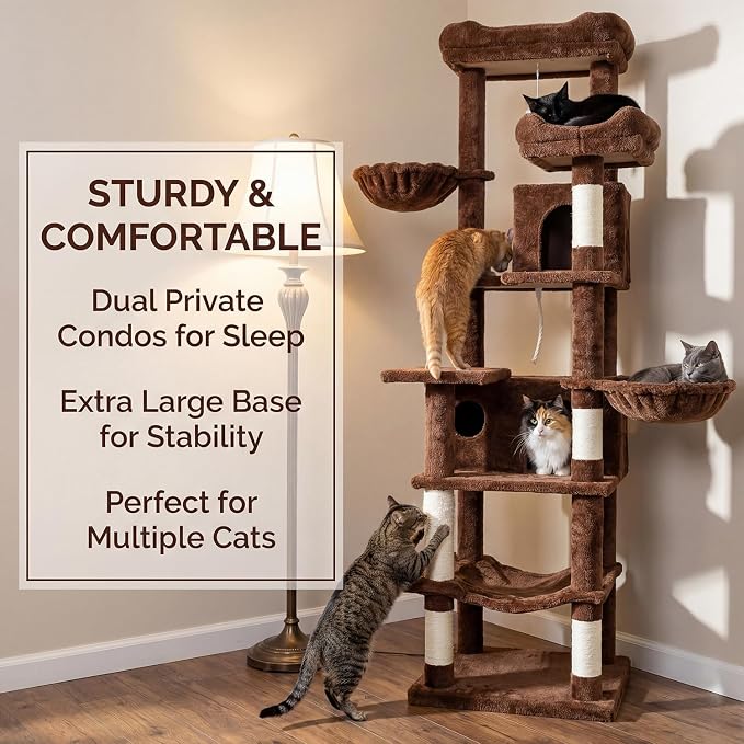 68 Inches Multi-Level Large and Tall Cat Tree Tower for Indoor Cats/Removable Pad/Cat Condo/Sisal Scratching Posts/Hammock/Cat Activity Center/Wide Base