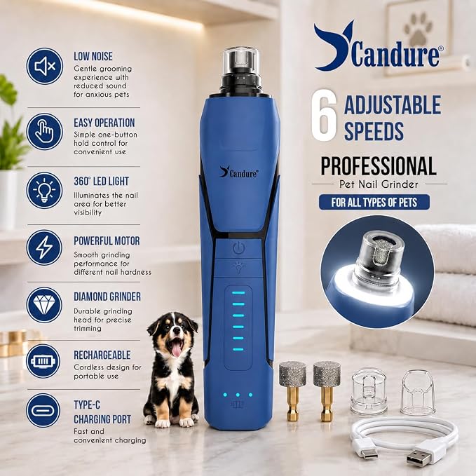 Candure Whisper Quiet Dog Nail Grinder with 360 Degree LED Light, 6-Speed Rechargeable Pet Nail Trimmers with Extra Grinding Head for Safe, Stress-Free Grooming for All Pet Sizes (Dark Blue)