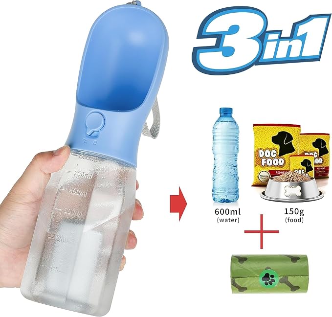 Dog Water Bottle with Food Container, Portable Pet Dog Water Dispenser for Outdoor Walking,Hiking,Travel,Puppy Essentials,Puppy Supplies,Replaceable Waste Bags