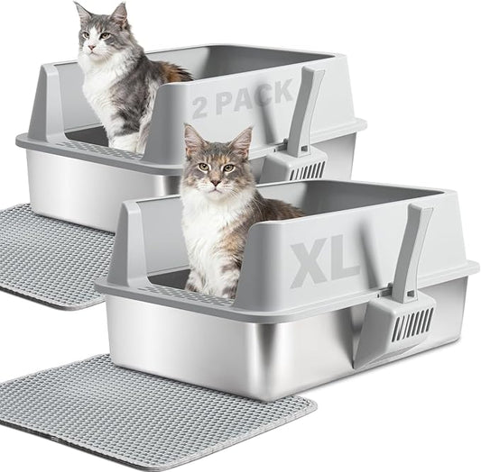 2PACK Stainless Steel Cat Litter Box with Lid, XL Metal Litter Box, Extra Large Litterbox for Big Cats, High Sided | Easy Cleaning | Odor-Free Includes Scoop and Mat