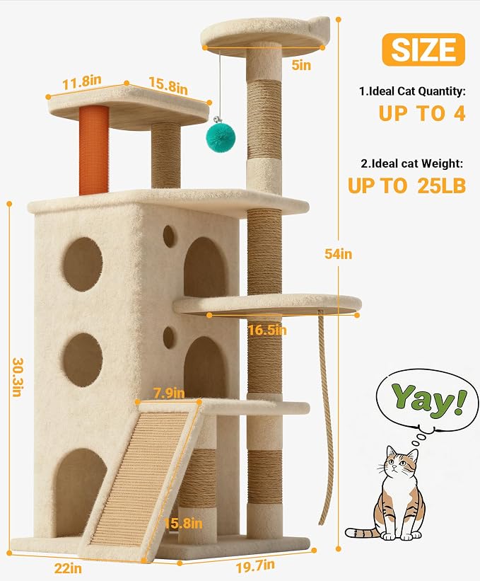 Eco-Wood Cat Tree Tower,【Top Heavy Duty】 Cat Tower for All Indoor Cats | 54” Super Sturdy Cat Tower Bed with 6 Scratching Posts, Scratch rope, Scratcher, 3 Enlarged Cat Condos, Jumping Perches