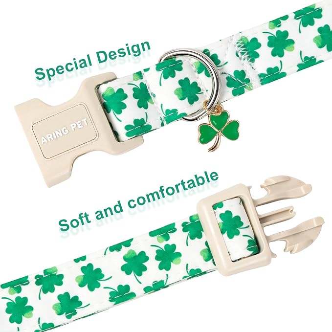 ARING PET St Patrick's Day Collar for Dog, Cute White Green Clover Shamrock Puppy Pet Collars for Small Medium Large Boy Girl Dogs-M