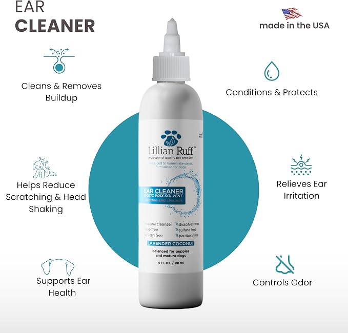 Ear Cleaner & Otic Wax Solvent for Dogs with Tea Tree Oil, Bee Propolis & Aloe - Coconut and Lavender Scent - Dissolve Wax and Combat Ear Odors - Safe for Sensitive Ears (4oz)