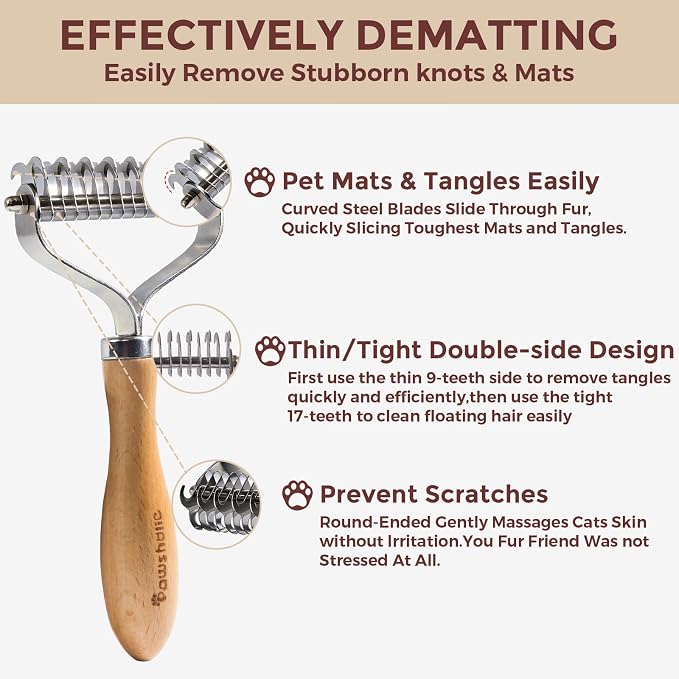 Undercoat Rake for Dogs - Professional Pet Shedding Dematting Comb with Wood Handle, Stainless Steel Blades for Pet Cats Dogs Matted Hair Tangles Removing