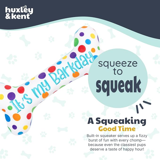 Huxley & Kent Funny Dog Toy w/Squeaker – Power Plush Squeaky Dog Toys for Small, Medium & Large Dogs – Soft Stuffed Animal for Indoor Play & Fetch - It's My Barkday Bone, Large
