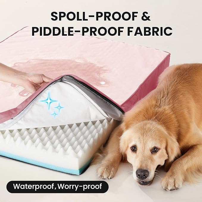 OhGeni Orthopedic Waterproof Dog Bed for Large Dogs, Machine-Washable Removable Cover in Easy-Clean Fabric, Reversible Memory Foam & Easy-Carry Handle, Wider and Larger, 44 inch (Pink)