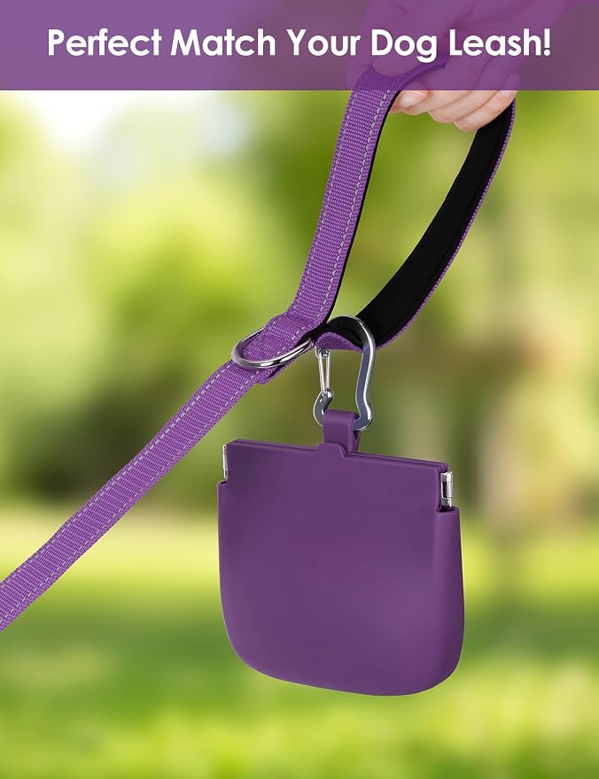 1 Cup Silicone Dog Training Treat Pouch(Purple) | Clip on Leash or Belt Loop, One-Hand Access with Pull Tab, Small Pocket Sized, Auto Closing Lid for Pet Training & Walking