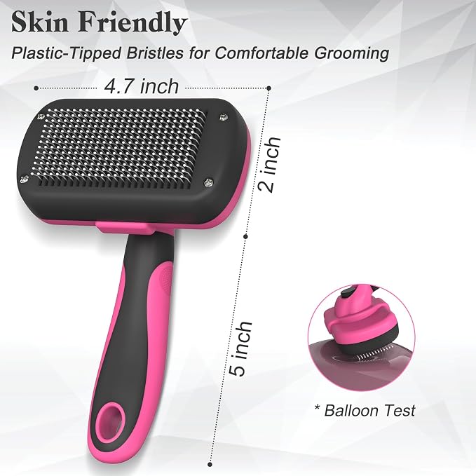 Dipoo Self-Cleaning Pet Grooming Brush - Skin-Friendly Deshedding Tool for Dogs & Cats in Pink, Removes Loose Hair and Tangles