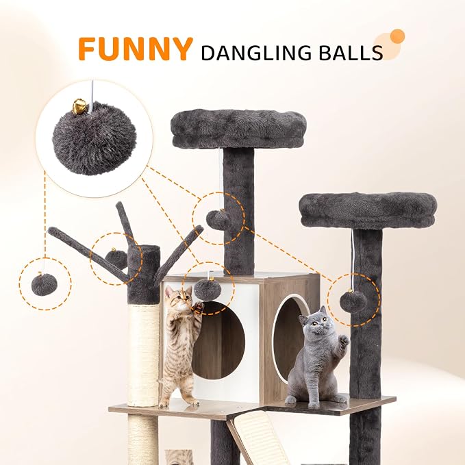 VINGLI Cat Tree Tower with Litter Box, 54" H All-in-1 Wooden Cats Condo, Cat Tower wih Scratching Posts, Houses for Indoor Kittens Hidden Cat Washroom Furniture (Gray & Wood, 54" H)