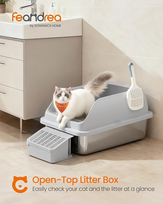 Feandrea Stainless Steel Cat Litter Box with Open Top, High Sided Litter Tray with Step, Scoop, Brush, for Cats up to 33 lb, Light Gray UPPT008GD01