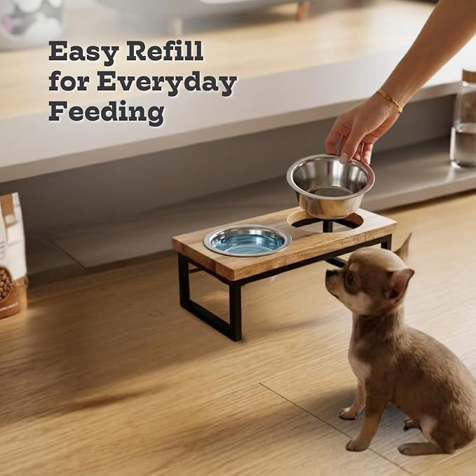 Elevated Dog Bowls, 4” Small Dogs & Cats Raised Bowl Mango Wood Stand, Food & Water 2 Stainless Steel Dishes Each 16oz/2Cup Capacity, Non-Slip Pet Feeder Station in Brown for Toy Breeds