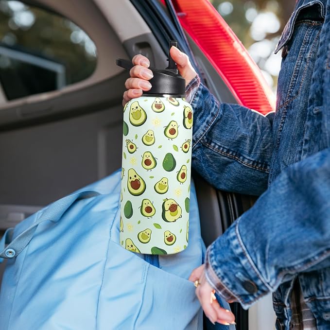 32oz Green Avocado Stainless Insulated Aater Water Bottle with Straw,Green Avocado Gym Hiking Sports Coffee Mug Cup Water Bottles,Avocado Themed Gifts for Women,Avocado Decor Stuff Accessories