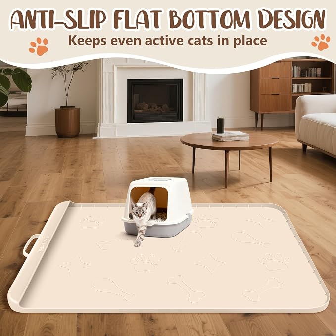 Cat Litter Mat for Litter Box 42" x 28", Large Silicone Mat, Beige | Waterproof Litter Trapping Mat with Residue Collection Pocket, Raised Edge, Non-Slip Pet Placemat for Floors