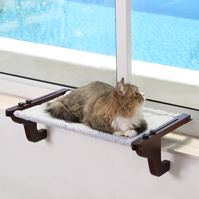 Zakkart Easy Seat Cat Perch for Windowsill (Dark Stained Wood/Gray, M) | Hook-On Windowsill Mount, Clean Hammock Design, Premium Wood & Robust Metal Frame, Machine Washable Bed, 23"W x 14"D