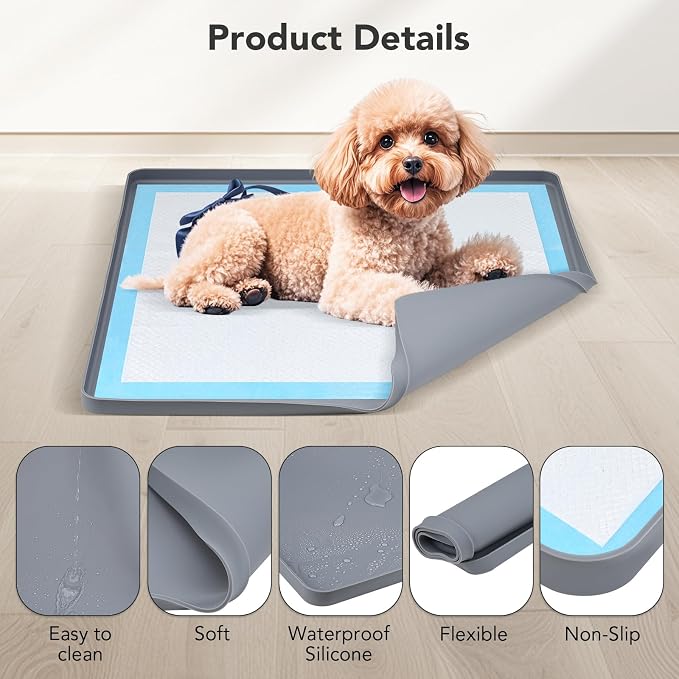 Pee Pad Holder for Dogs, Dog and Puppy Pee Pads Holder, 24"x24" Non-Slip & Leak-Proof & Portable Silicone Mat with Raised Edge Design, Square Puppy Potty Training Tray for Home Floor Protection(Grey)