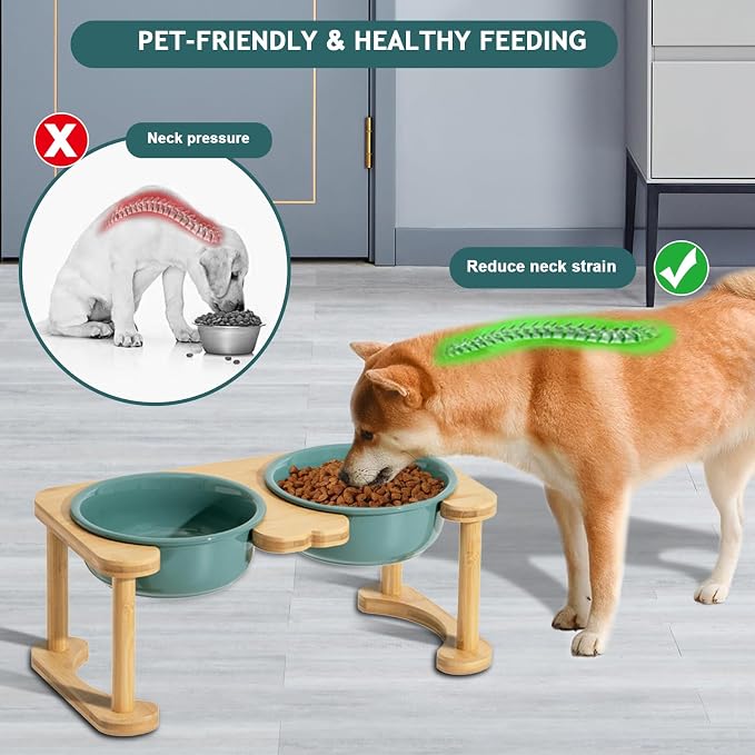 Ceramic Elevated Dog Bowls, Raised Pet Food and Water Bowl Set, Dark Green | Feed Tray For Small and Medium Breeds, 6.9" Wide Double Modern Porcelain Bowls, 6.3" High Wooden Stand, Non-Slip, 28Oz/800ML