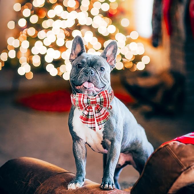 DOGWONG Christmas Dog Collar with Bow Tie - Christmas Red Plaid Puppy Collar, Adjustable Red Grid Dog Collars for Girl Boy Dogs, S