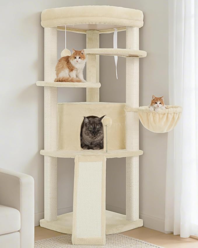 Corner Cat Tree Tower with All Sisal Scratching Posts GCT025MU | 44.1" Cat Furniture with Multi-level Cat Condo, Cat Cave, Hanging Basket, Sisal Scratching Ramp for Indoor Cats, Beige