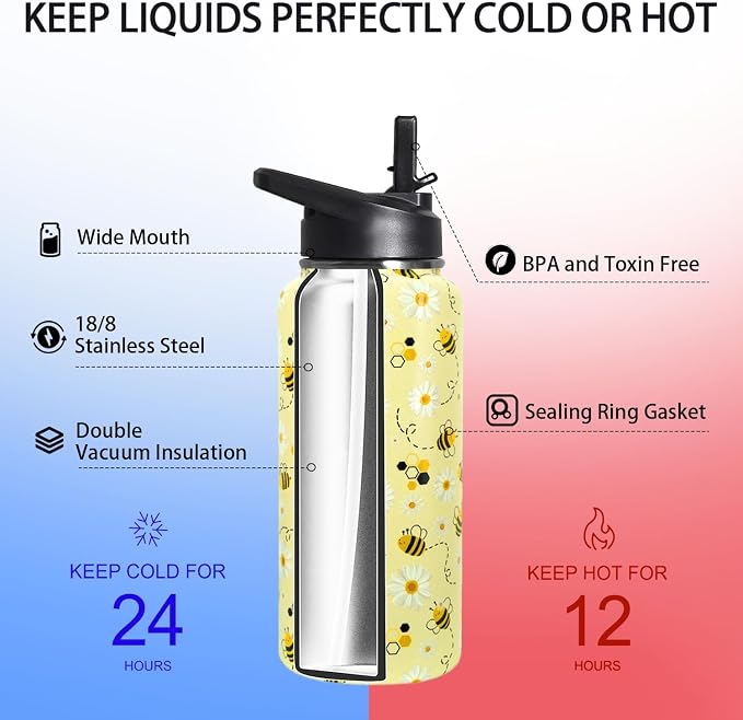 32oz Bee Insulated Aater Water Bottle with Straw, Bee Gym Hiking Sports Coffee Mug Cup Water Bottles,Bee Gifts for Women,Bee Decor Stuff Accessories