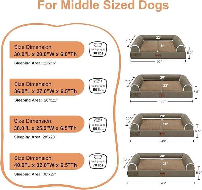 NANUYA Orthopedic Dog Bed for Medium Dogs, 30 x 20 Inch, Brown | Egg crate foam for joint support, 3-sided bolster pet sofa, waterproof lining, washable cover, and non-skid base