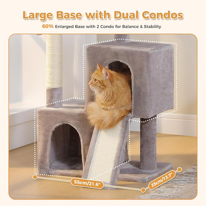 PAWZ Road Cat Tree, 35 Inches Cat Tower with Dual Condos for Adult Cats,Enlarged Top Perch, Scratching Posts&Pad for Indoor Cats-Gray