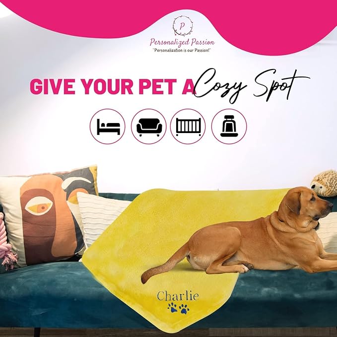 Personalized Passion Dog Blanket with Embroidered Name & Paws - Soft and Cozy for Bed, Couch, Car - Water Resistant Pet Fleece Blanket for Dogs and Cats - Yellow - 28x40 Inches