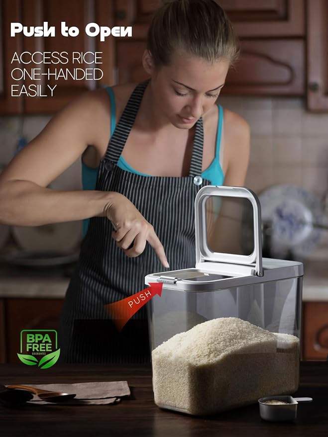 LivLab Mker 20-25 lbs Rice Dispenser with measuring spoon - Rice Container | 11.4Qt/12L Large Airtight Food Storage Rice Container for Cereal, Flour - BPA-Free PET, Slim Space-Saving