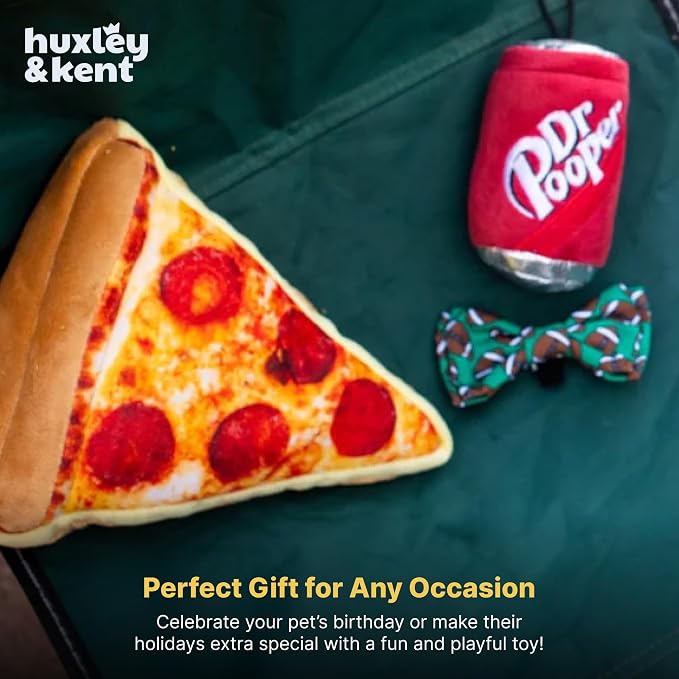 Huxley & Kent Funny Dog Toy w/Squeaker – Power Plush Squeaky Dog Toys for Small, Medium & Large Dogs – Soft Stuffed Animal for Indoor Play & Fetch - Pup-eroni Pizza, Large