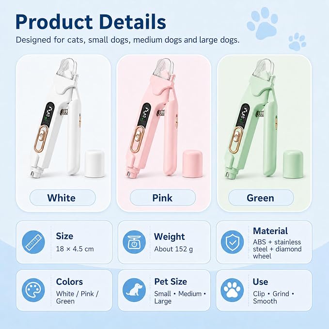 2-in-1 Dog Cat Nail Clippers & Grinder with LED Light, Pet Nail Trimmer with Splash Guard & Safety Lock, 2 Speeds USB Rechargeable Quiet Paw Nail Cutter for Large Medium Small Dogs Cats (Green)