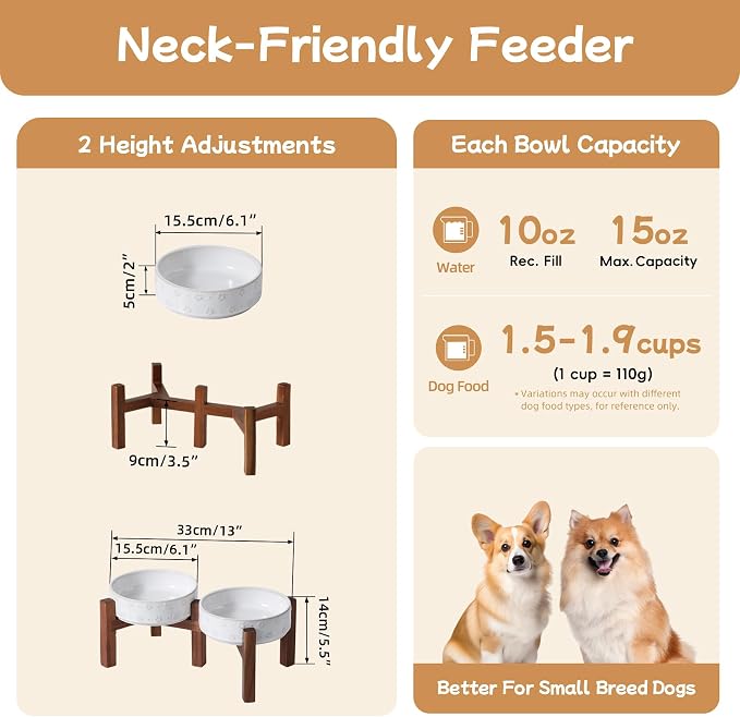 Havniva 6.1" Elevated Dog Bowls Ceramic Raised Dog Bowl with Non-Slip Stand (Acacia Wood) Two Height Options, Dog Food & Water Bowl for Small Breed Dogs - 1.7 Cups 13.5 oz