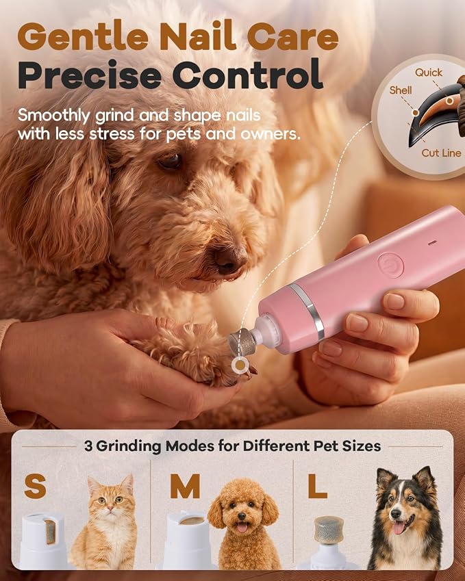 Veeconn 4 in 1 Dog Clippers Grooming Kit with Paw Hair Trimmer for Cat Pet | Low Noise, 7500RPM Powerful, IPX7 Waterproof, Safe & Easy for Beginners, 4 Guide Combs, Cordless Dog Nail Grinder (Pink)