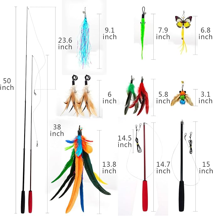 miwoowim Cat Toys Interactive for Indoor Cats, 2PCS Ultra-Long Teaser(50"+38")+9PCS Da Bird Feather Refills, Fishing Pole Toy,Retractable Cat Wand Toy and Feather Toys Refills Attachment Replacement