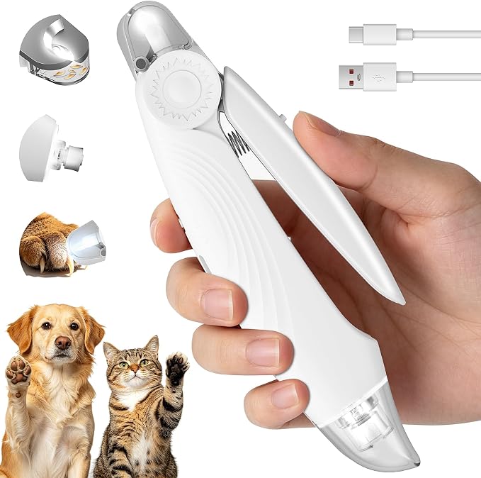 2-in-1 Dog & Cat Nail Clippers and Grinder with 2 Light, Quiet Electric Pet Nail Trimmers for Small Medium Large Dogs & Cats Claw, Safety Guard Usb Rechargeable, Professional Grooming Tool